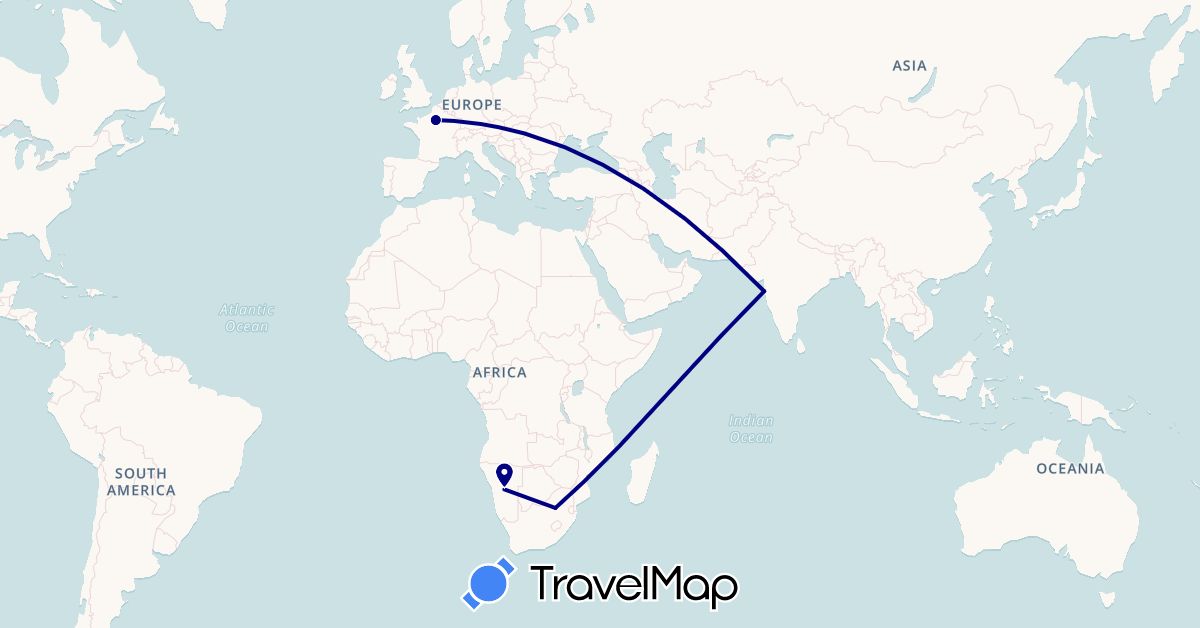 TravelMap itinerary: driving in France, India, Namibia, South Africa (Africa, Asia, Europe)